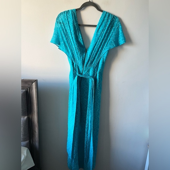 Alice & Olivia Silk-Cotton Tie-Waist Wrap Turquoise Dress - 8 - Picture 13 of 15